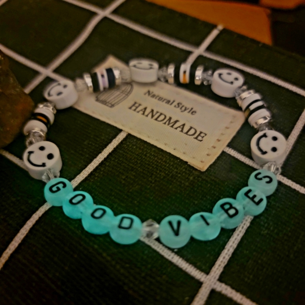 Good Vibes Glow-in-the-dark HANDMADE Beaded Word Bracelet